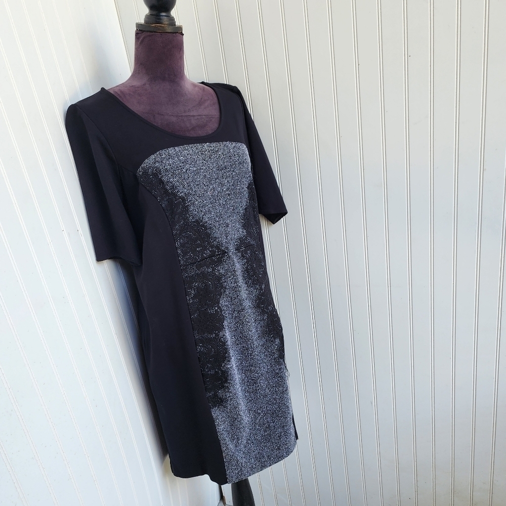Lane Bryant Dress Womens Black Gray Stretch Knit Lace Shoulders Short Sleeve 14 - Picture 2 of 13